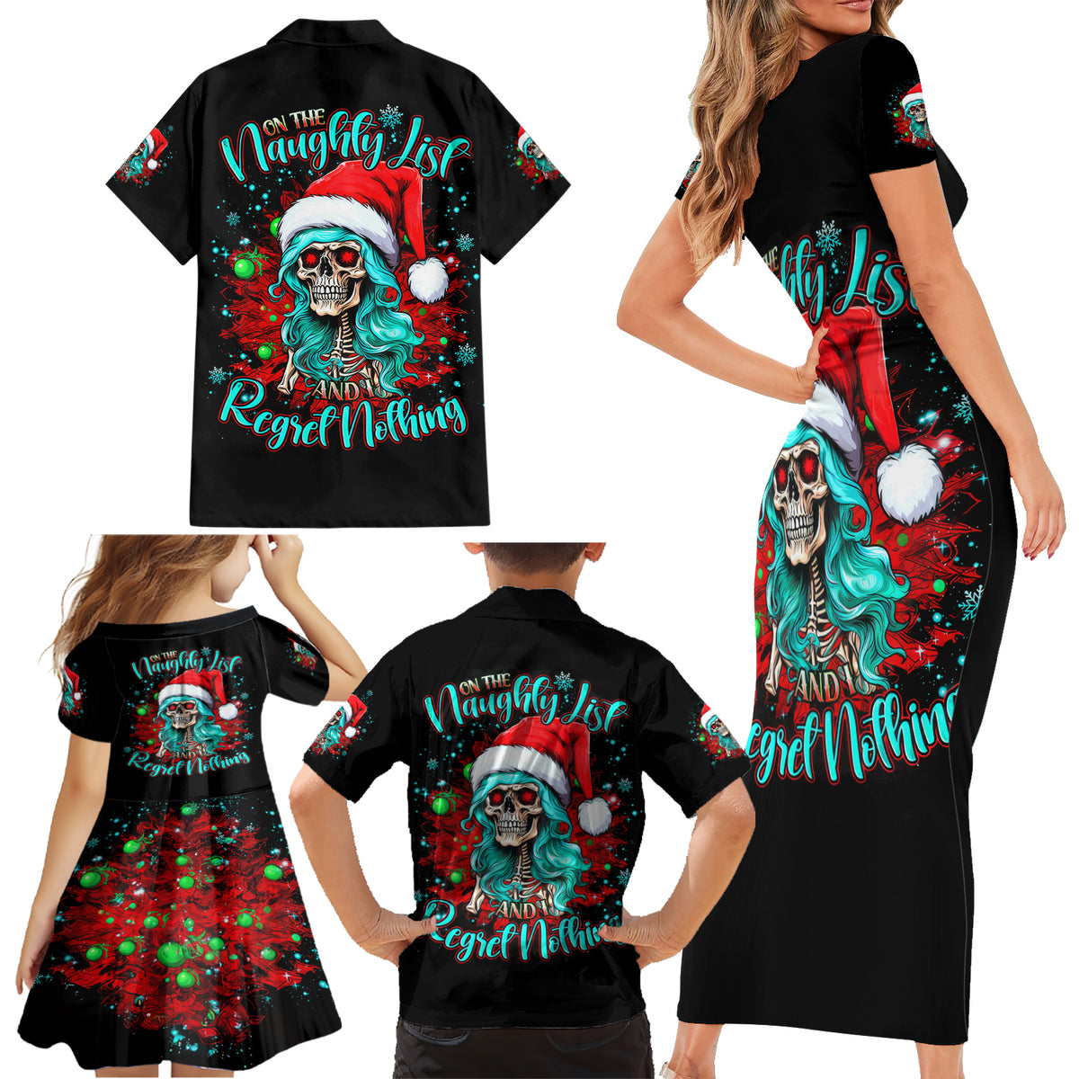 Christmas Skull Lady Family Matching Short Sleeve Bodycon Dress and Hawaiian Shirt On The Naughty List I Regret Nothing - Wonder Print Shop