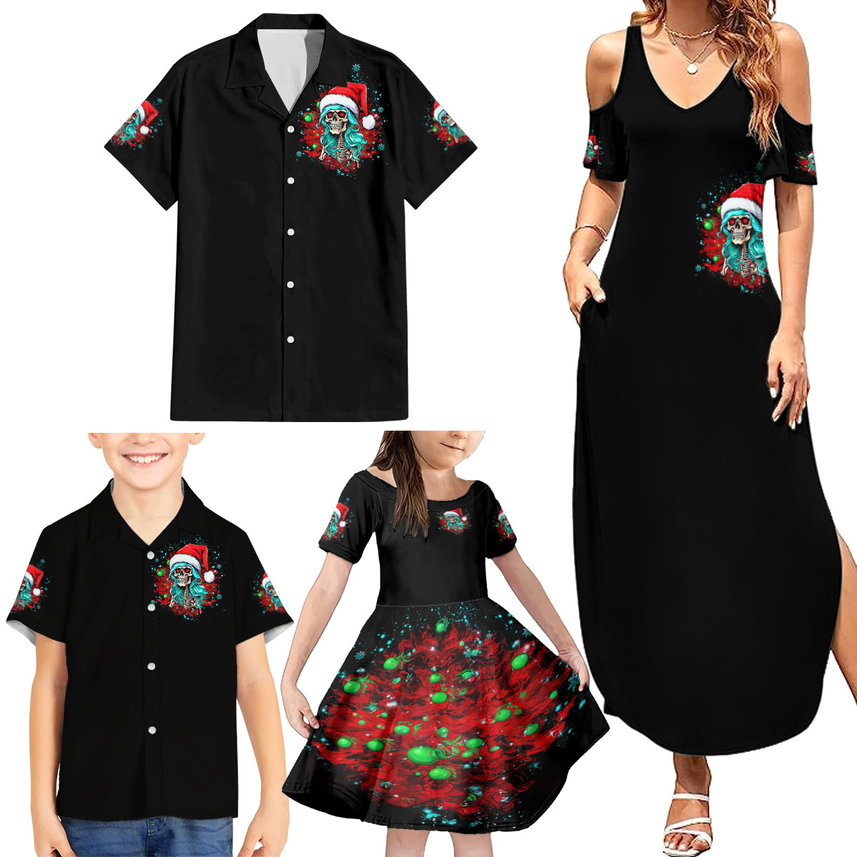 Christmas Skull Lady Family Matching Summer Maxi Dress and Hawaiian Shirt On The Naughty List I Regret Nothing - Wonder Print Shop