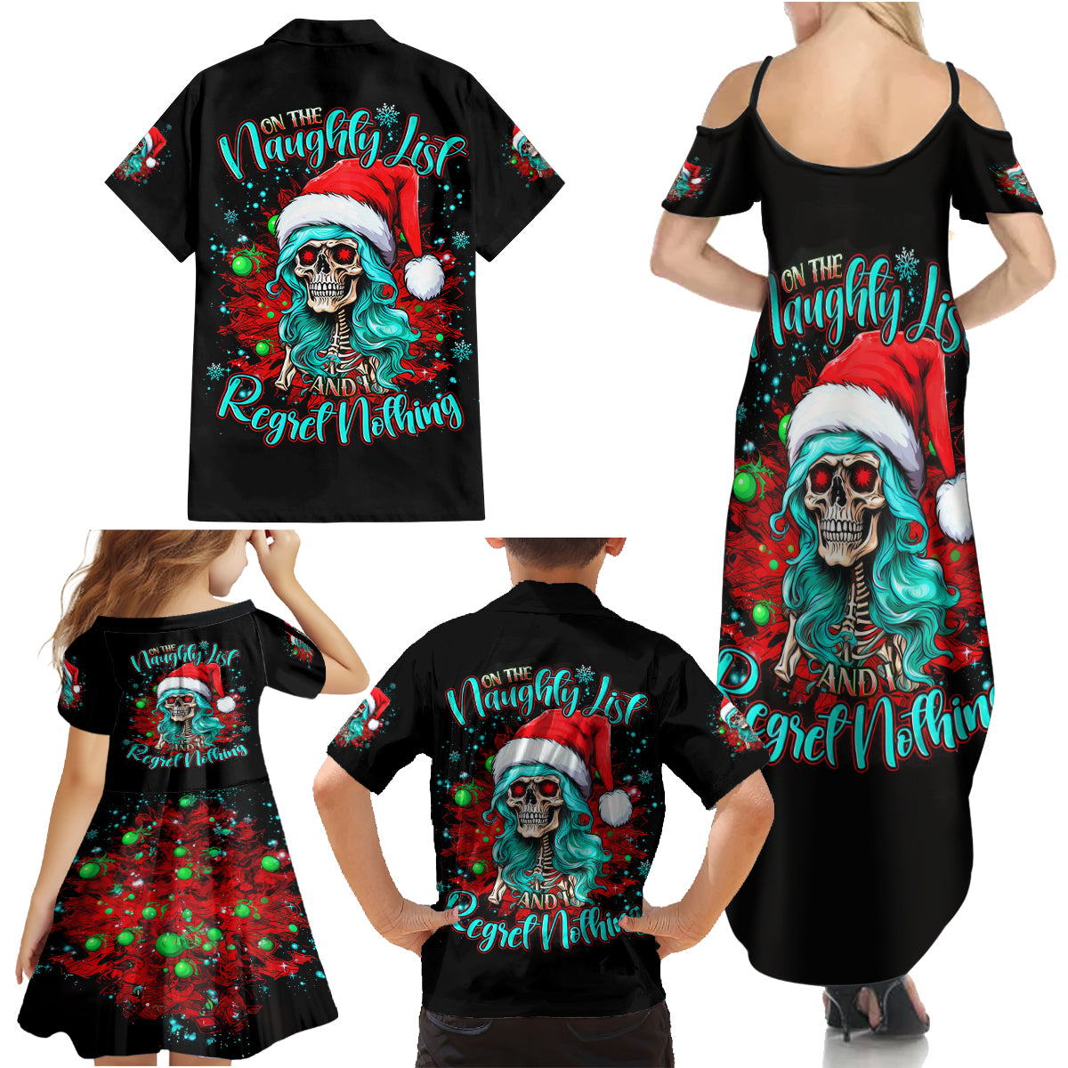 Christmas Skull Lady Family Matching Summer Maxi Dress and Hawaiian Shirt On The Naughty List I Regret Nothing - Wonder Print Shop