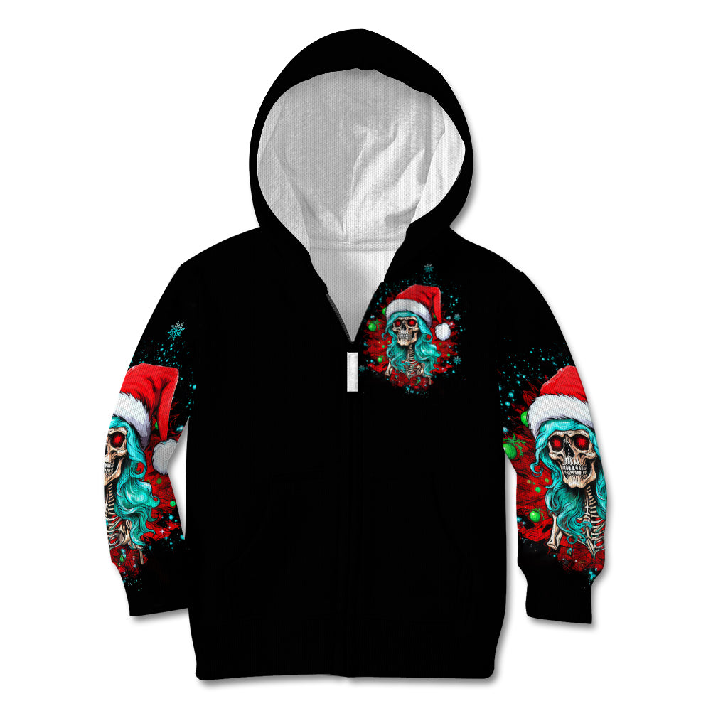 Christmas Skull Lady Kid Hoodie On The Naughty List I Regret Nothing - Wonder Print Shop