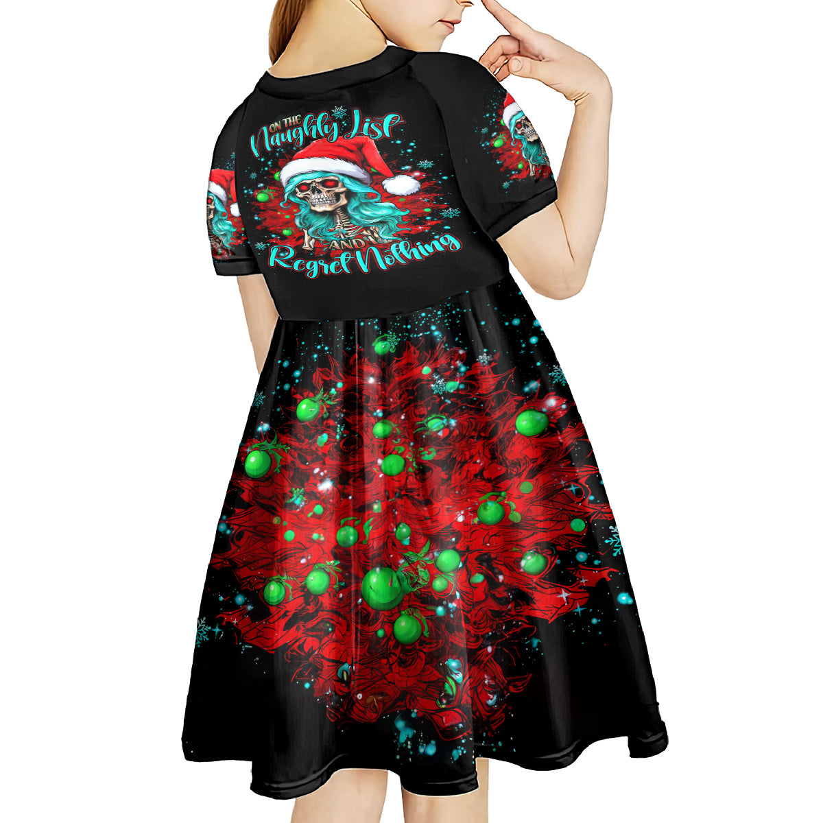 Christmas Skull Lady Kid Short Sleeve Dress On The Naughty List I Regret Nothing - Wonder Print Shop