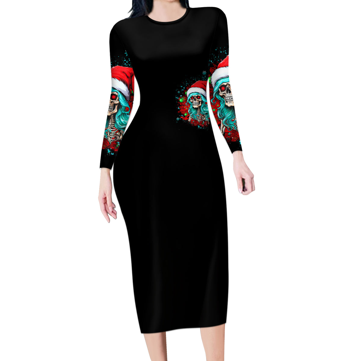 Christmas Skull Lady Long Sleeve Bodycon Dress On The Naughty List I Regret Nothing - Wonder Print Shop