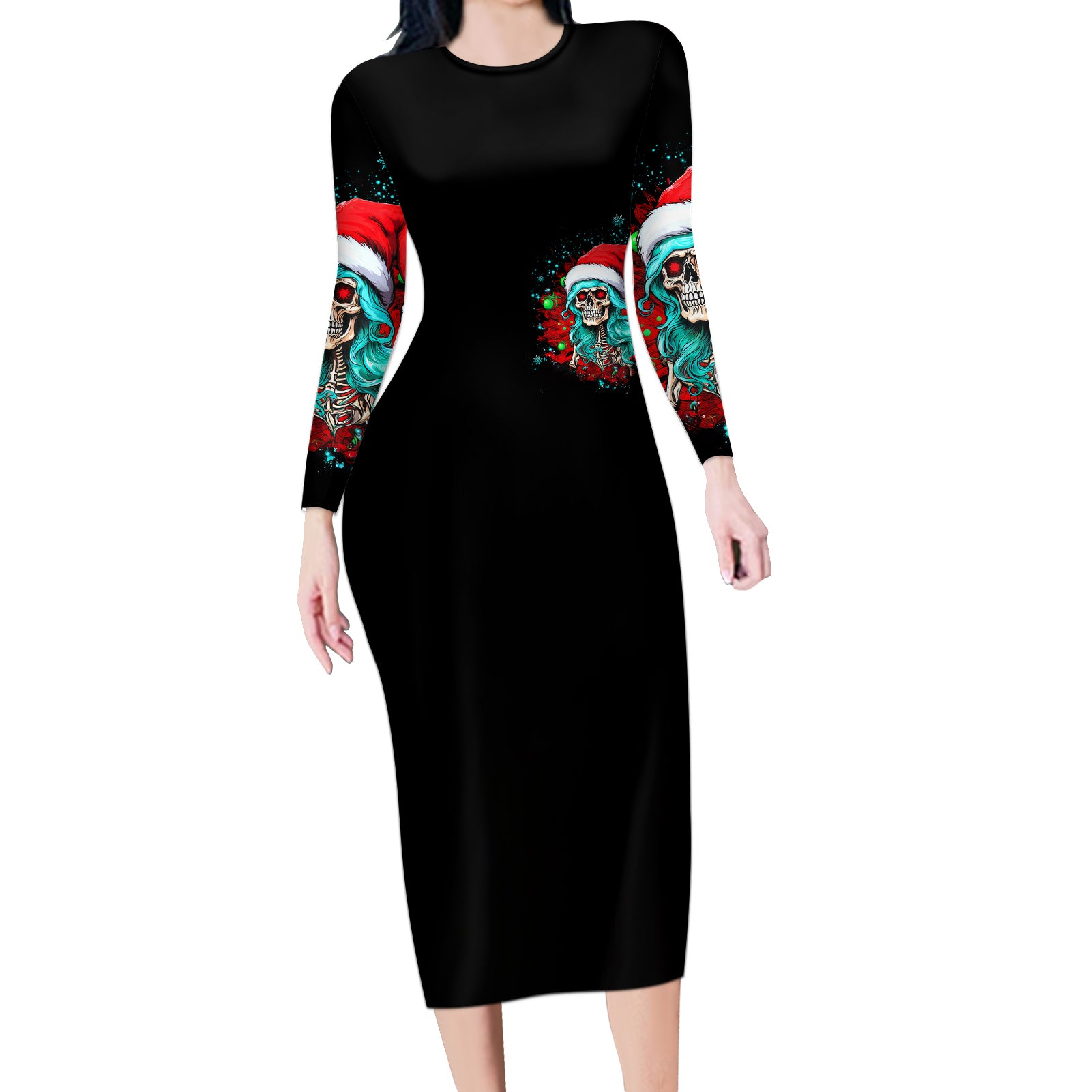 Christmas Skull Lady Long Sleeve Bodycon Dress On The Naughty List I Regret Nothing - Wonder Print Shop
