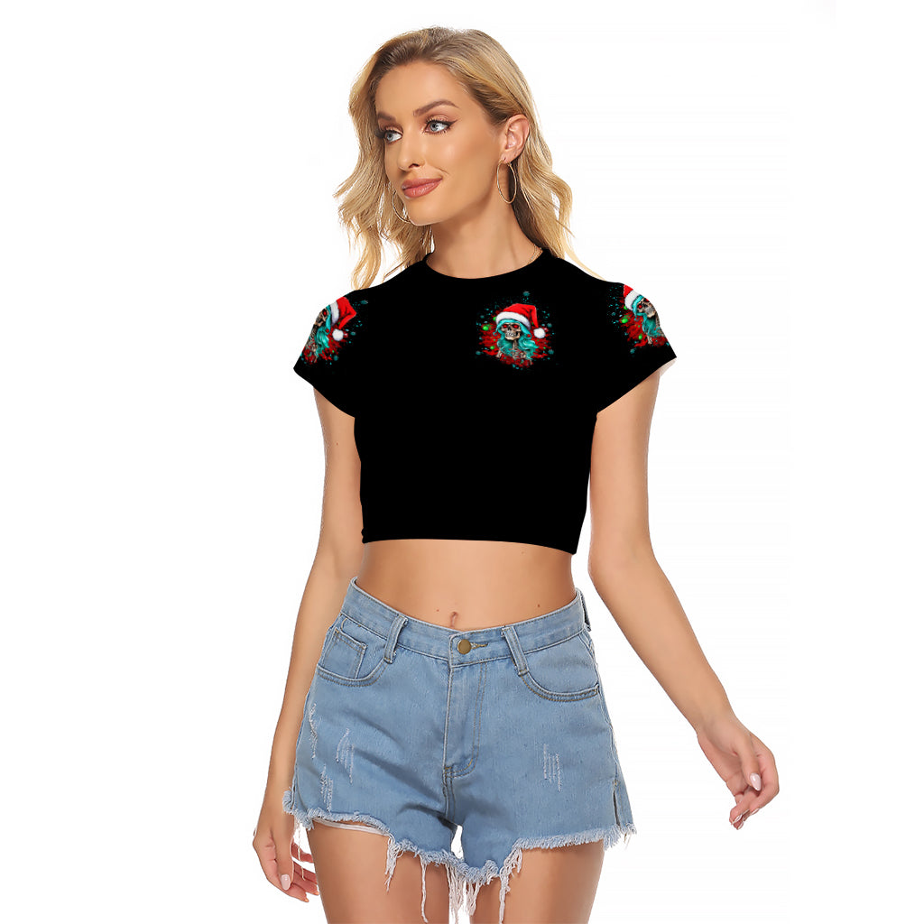 Christmas Skull Lady Raglan Cropped T Shirt On The Naughty List I Regret Nothing - Wonder Print Shop