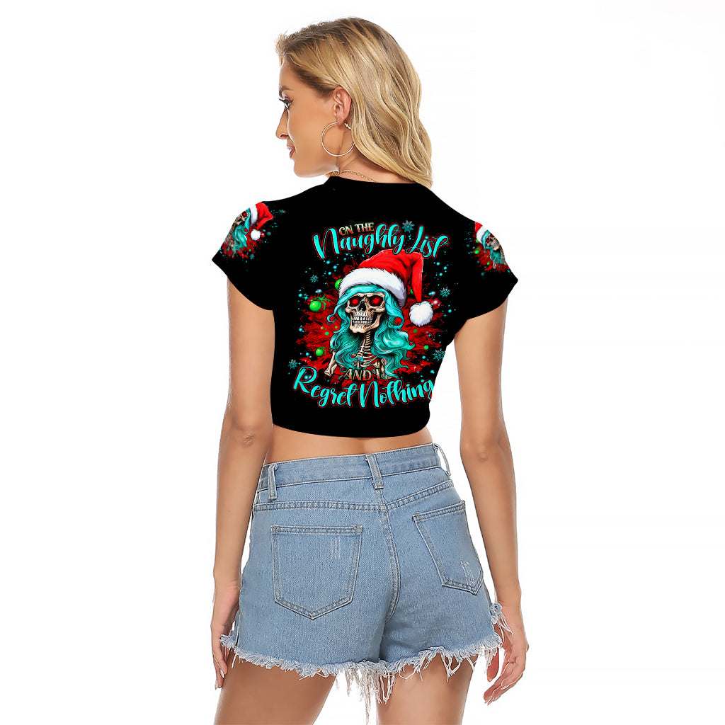 Christmas Skull Lady Raglan Cropped T Shirt On The Naughty List I Regret Nothing - Wonder Print Shop