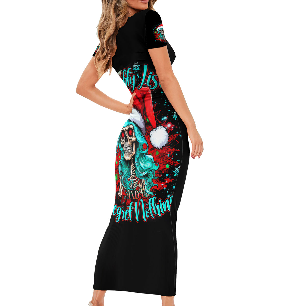 Christmas Skull Lady Short Sleeve Bodycon Dress On The Naughty List I Regret Nothing - Wonder Print Shop