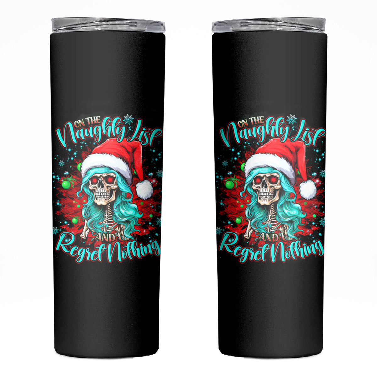 Christmas Skull Lady Skinny Tumbler On The Naughty List I Regret Nothing - Wonder Print Shop