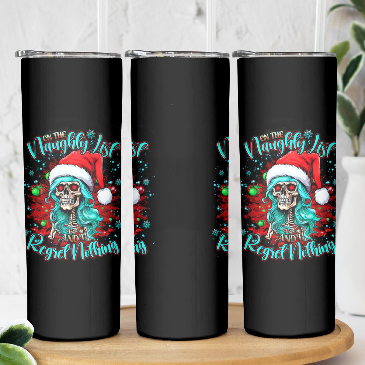 Christmas Skull Lady Skinny Tumbler On The Naughty List I Regret Nothing - Wonder Print Shop