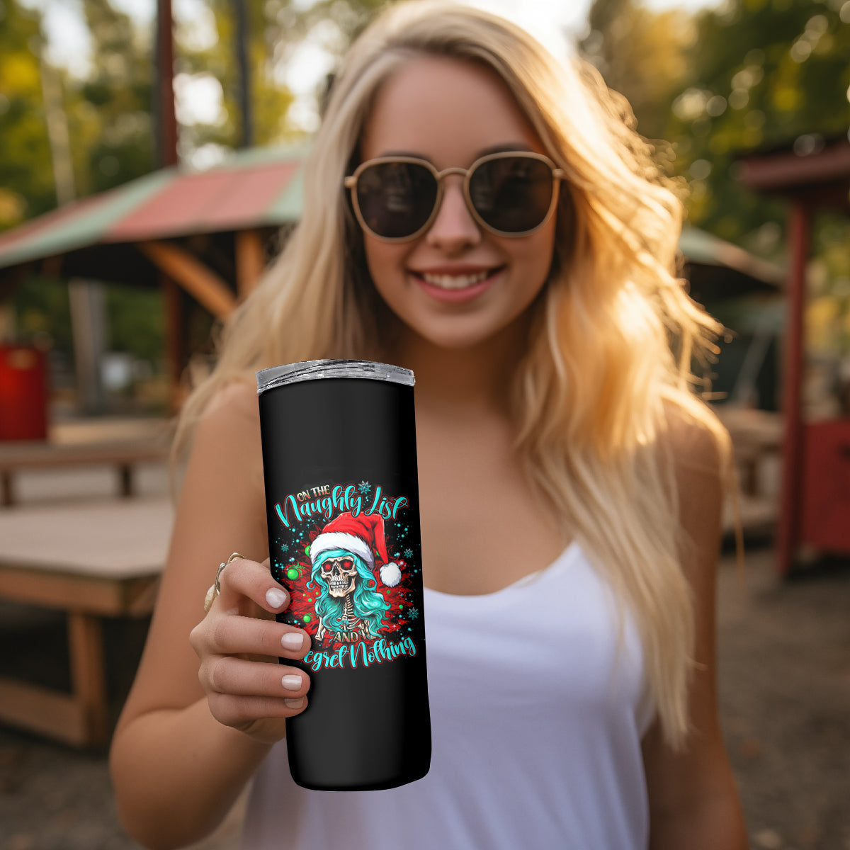 Christmas Skull Lady Skinny Tumbler On The Naughty List I Regret Nothing - Wonder Print Shop