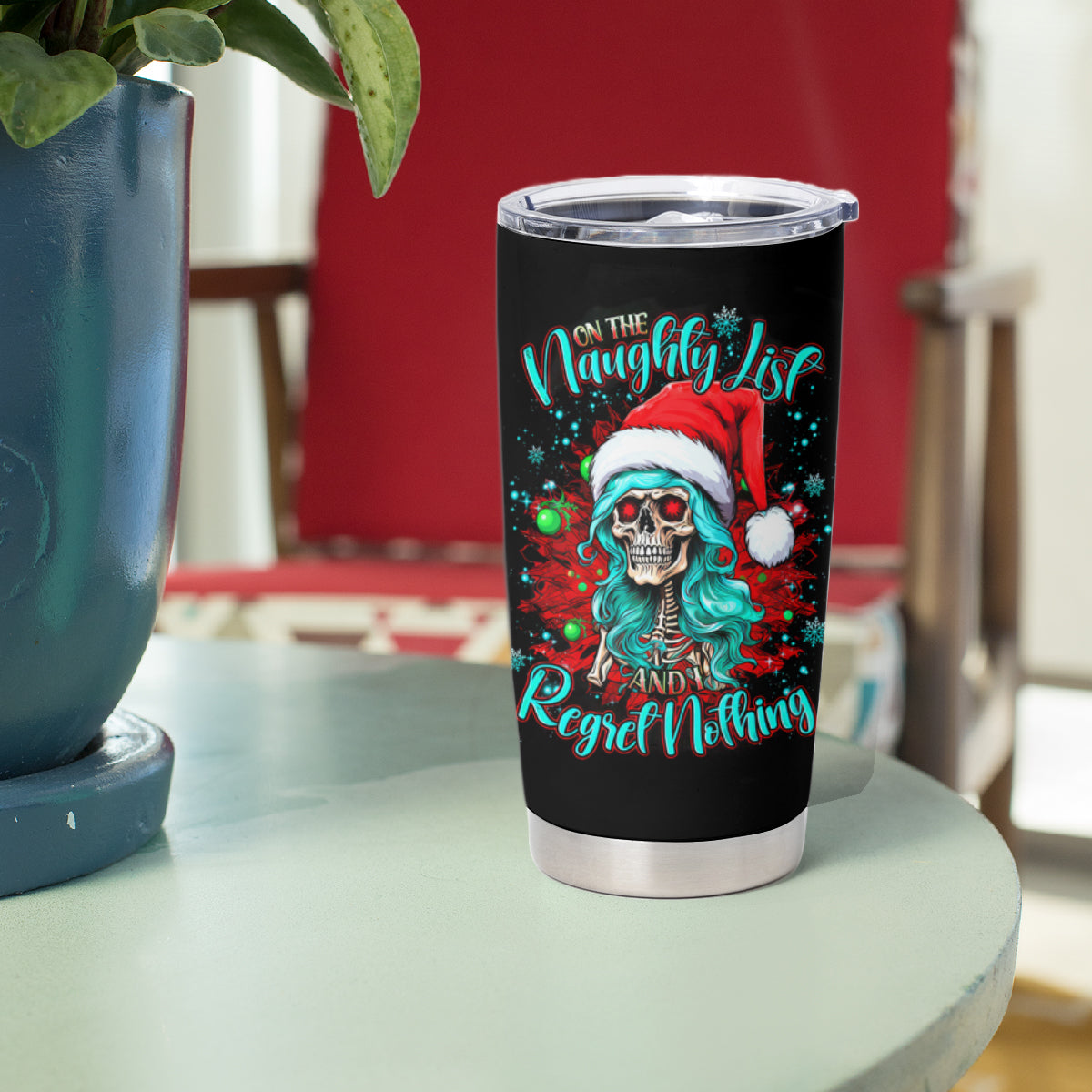 Christmas Skull Lady Tumbler Cup On The Naughty List I Regret Nothing - Wonder Print Shop