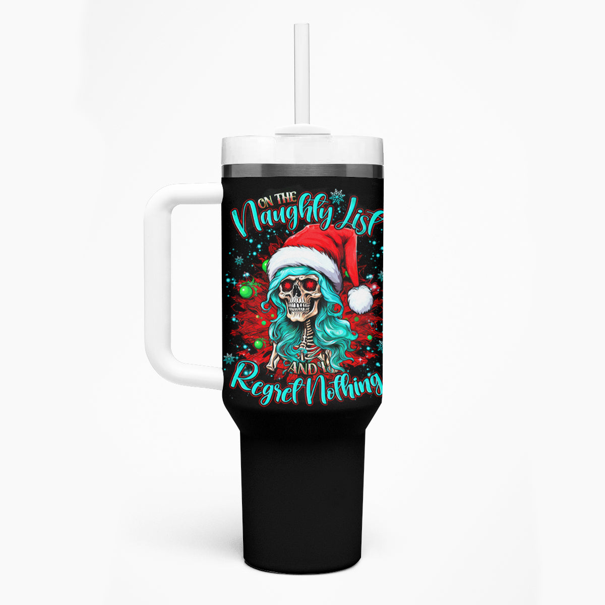 Christmas Skull Lady Tumbler With Handle On The Naughty List I Regret Nothing - Wonder Print Shop