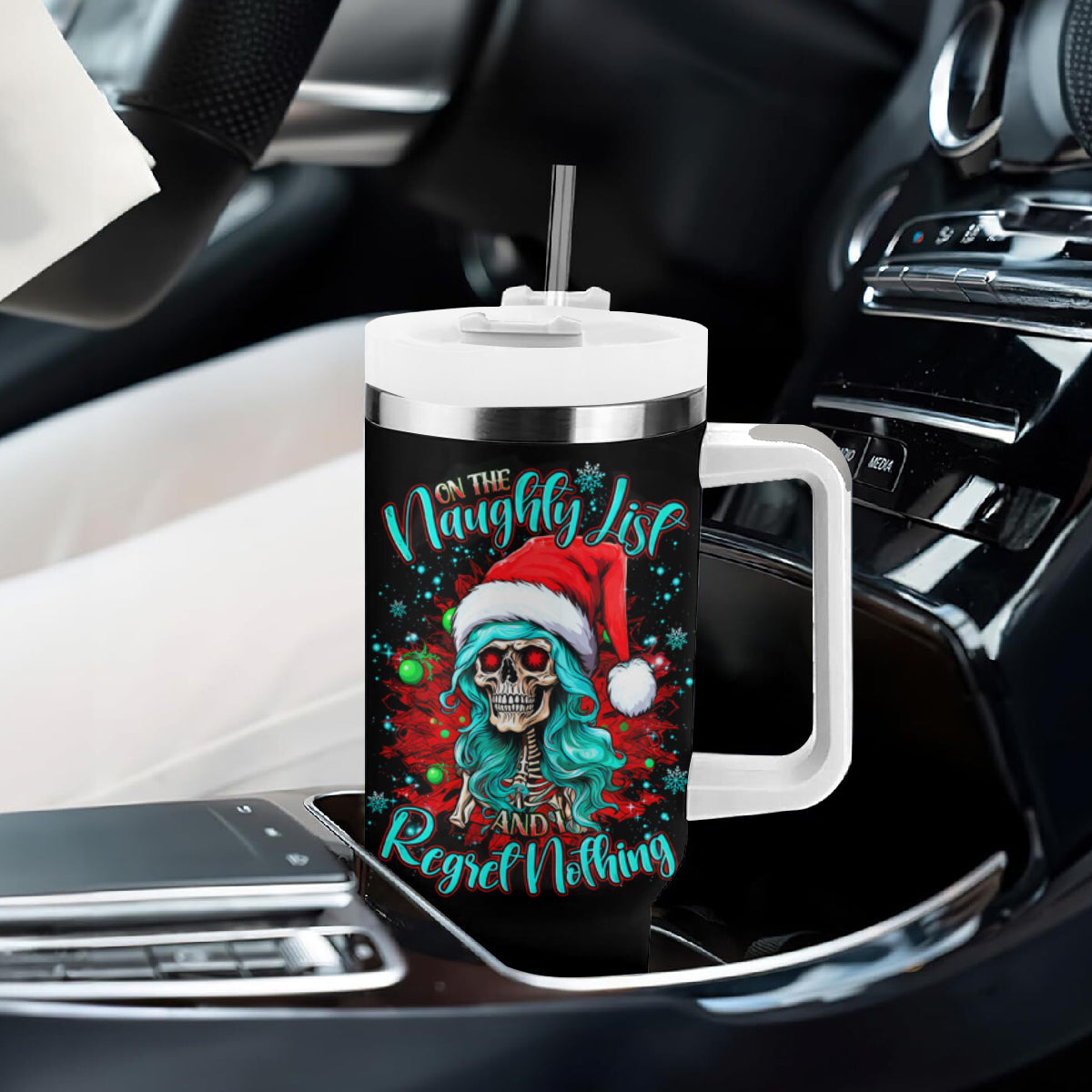 Christmas Skull Lady Tumbler With Handle On The Naughty List I Regret Nothing - Wonder Print Shop