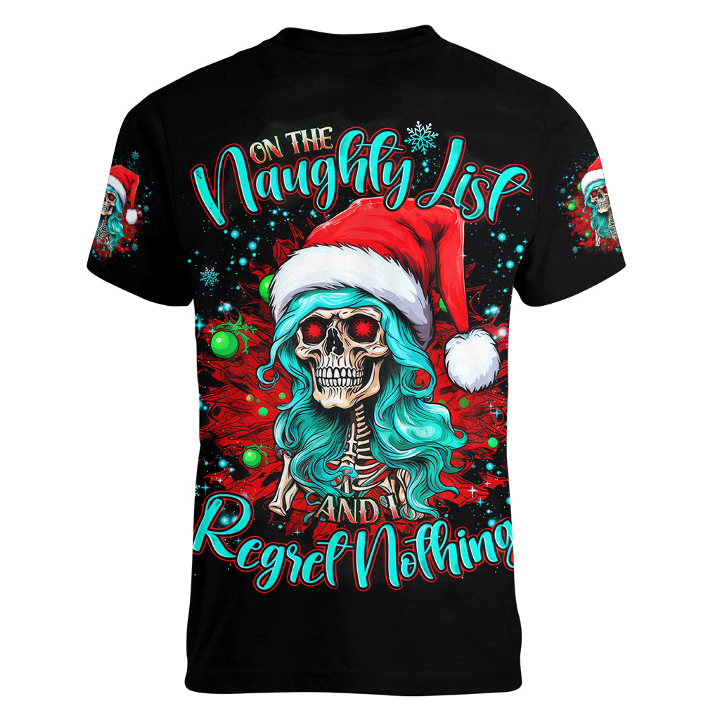 Christmas Skull Lady Women V Neck T Shirt On The Naughty List I Regret Nothing - Wonder Print Shop