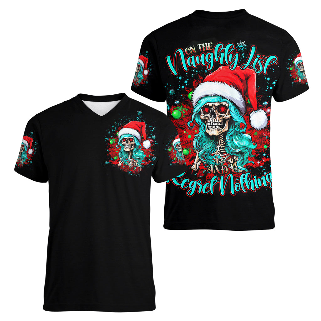 Christmas Skull Lady Women V Neck T Shirt On The Naughty List I Regret Nothing - Wonder Print Shop