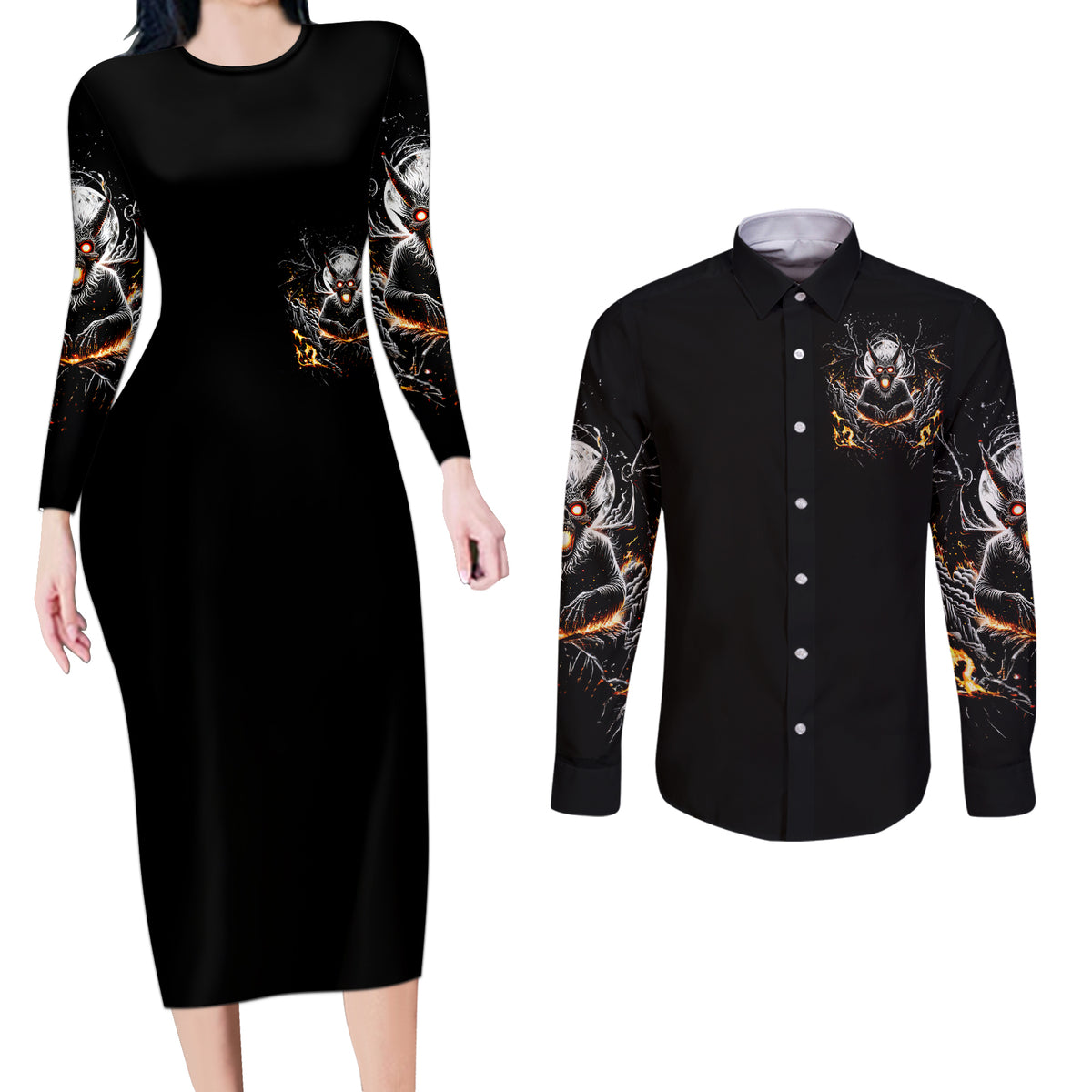 Demon Skull Couples Matching Long Sleeve Bodycon Dress and Long Sleeve Button Shirt One Day I Gonna Say Fuck It All - Wonder Print Shop