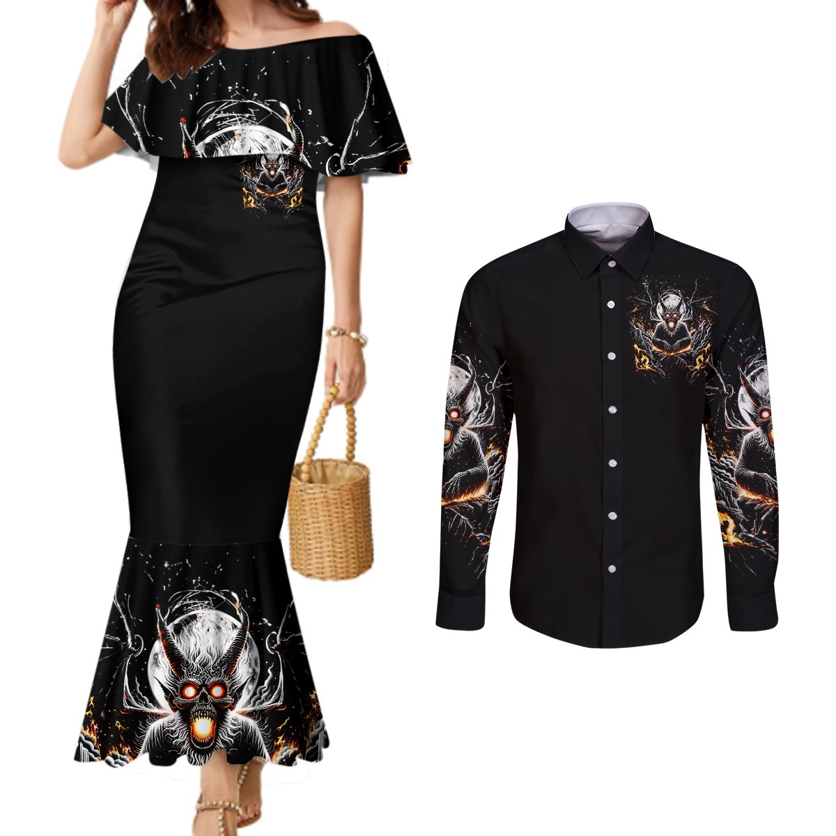 demon-skull-couples-matching-mermaid-dress-and-long-sleeve-button-shirt-one-day-i-gonna-say-fuck-it-all