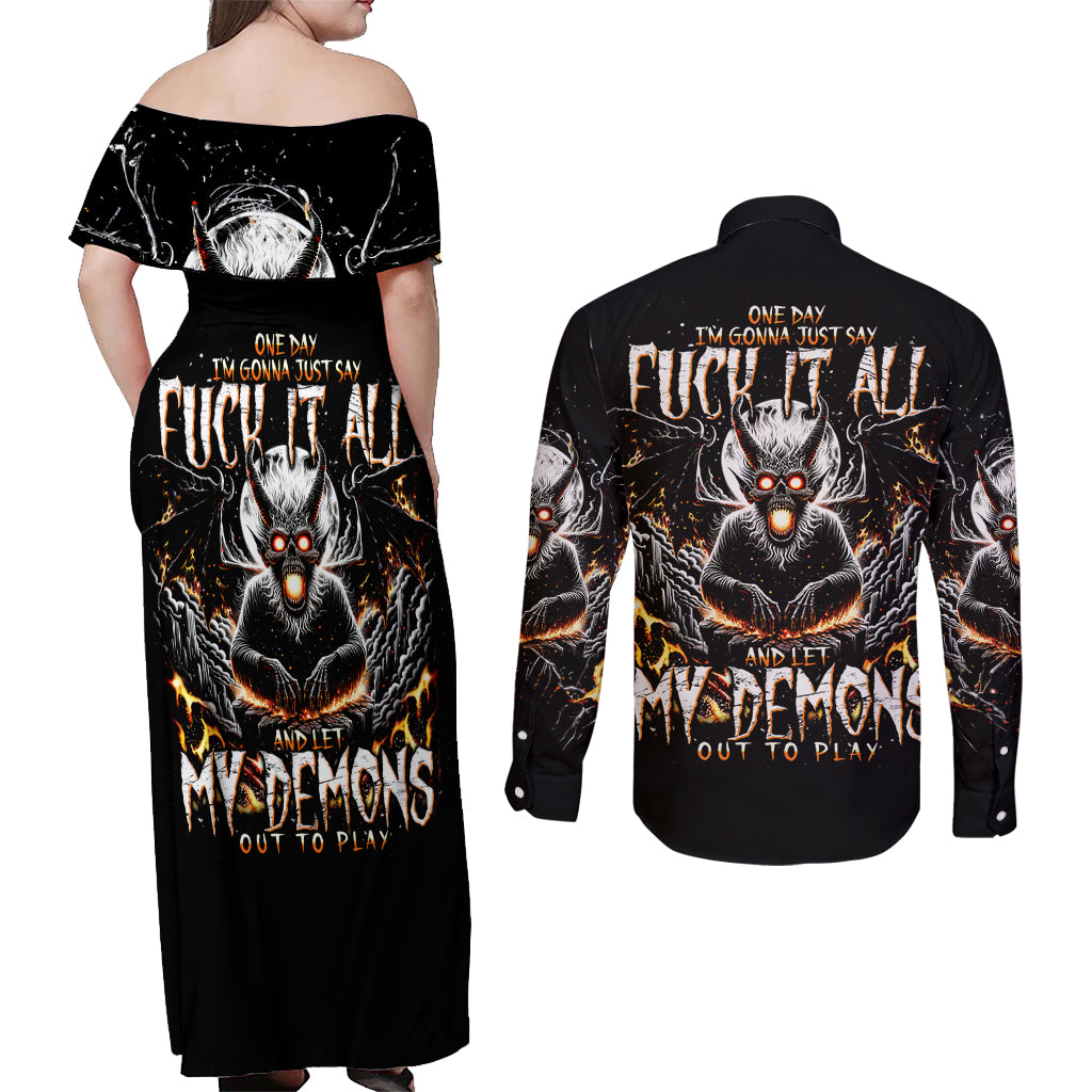 Demon Skull Couples Matching Off Shoulder Maxi Dress and Long Sleeve Button Shirt One Day I Gonna Say Fuck It All - Wonder Print Shop