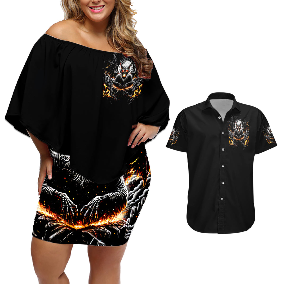 Demon Skull Couples Matching Off Shoulder Short Dress and Hawaiian Shirt One Day I Gonna Say Fuck It All - Wonder Print Shop