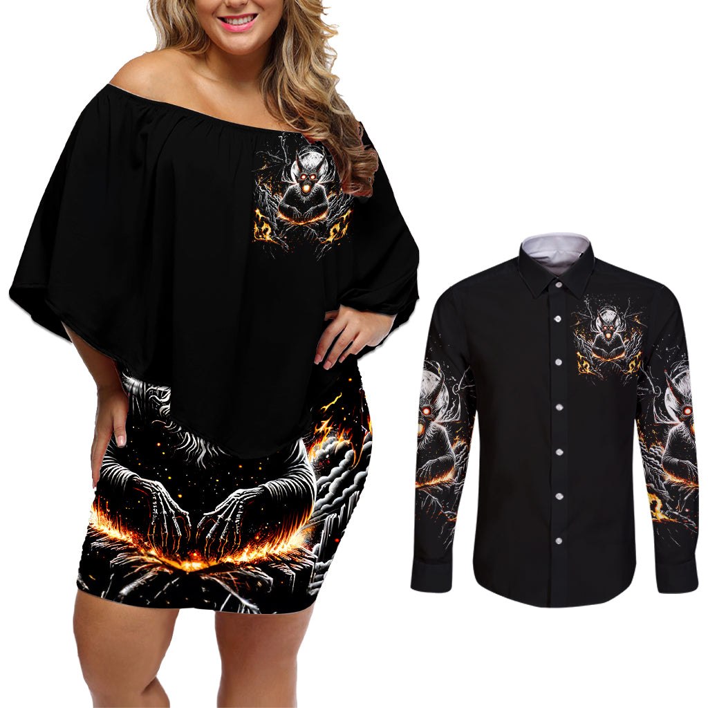 Demon Skull Couples Matching Off Shoulder Short Dress and Long Sleeve Button Shirt One Day I Gonna Say Fuck It All - Wonder Print Shop