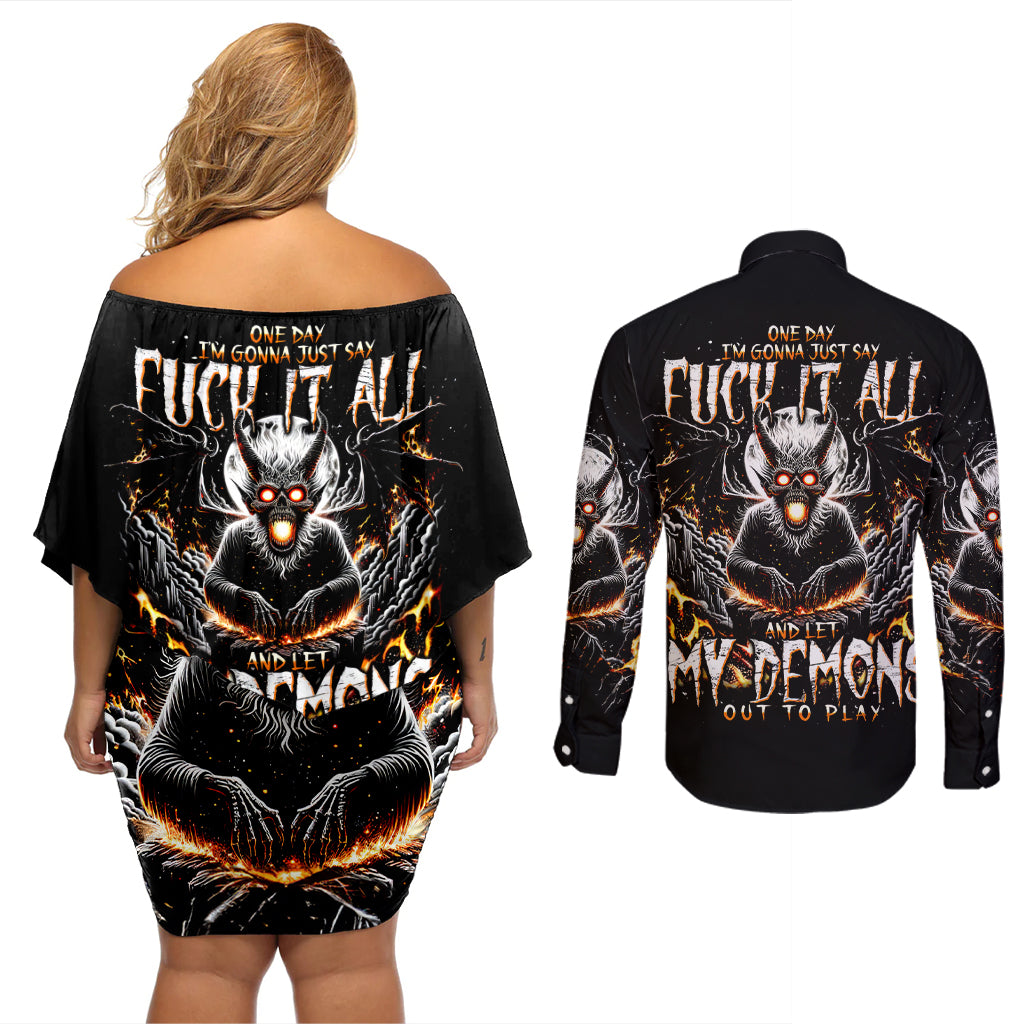 Demon Skull Couples Matching Off Shoulder Short Dress and Long Sleeve Button Shirt One Day I Gonna Say Fuck It All - Wonder Print Shop