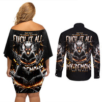 Demon Skull Couples Matching Off Shoulder Short Dress and Long Sleeve Button Shirt One Day I Gonna Say Fuck It All - Wonder Print Shop