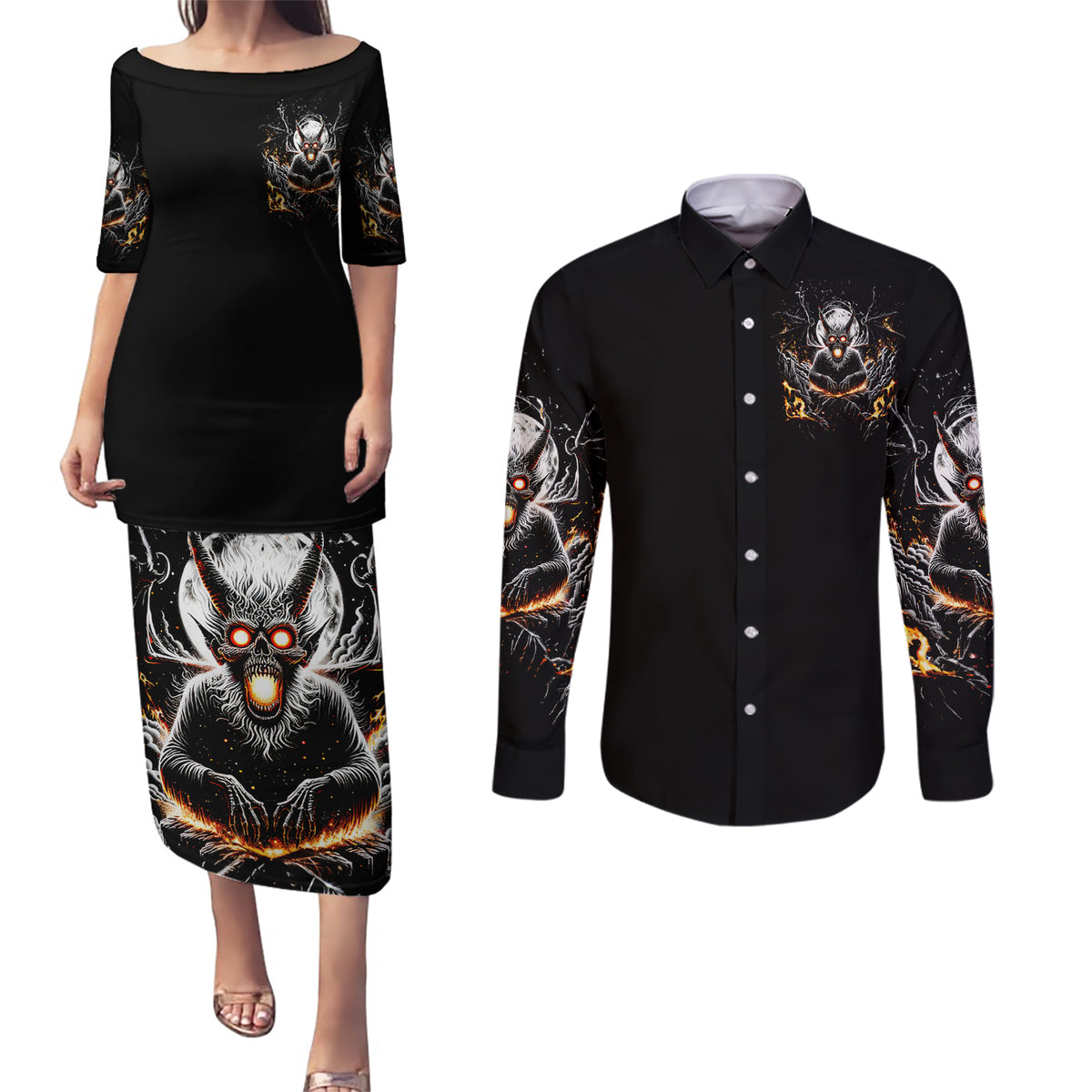 Demon Skull Couples Matching Puletasi Dress and Long Sleeve Button Shirt One Day I Gonna Say Fuck It All - Wonder Print Shop