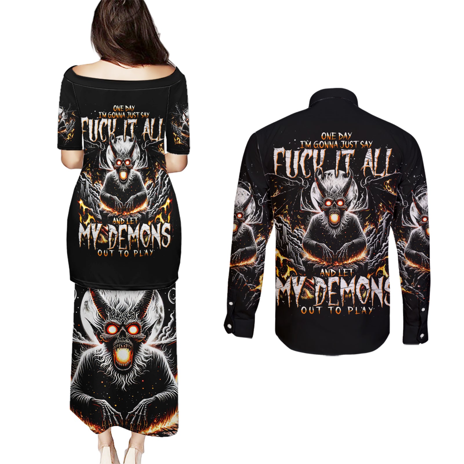 Demon Skull Couples Matching Puletasi Dress and Long Sleeve Button Shirt One Day I Gonna Say Fuck It All - Wonder Print Shop