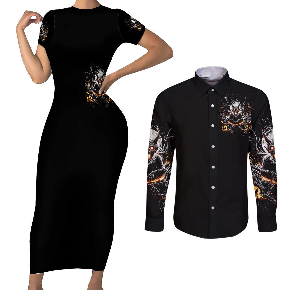 Demon Skull Couples Matching Short Sleeve Bodycon Dress and Long Sleeve Button Shirt One Day I Gonna Say Fuck It All - Wonder Print Shop