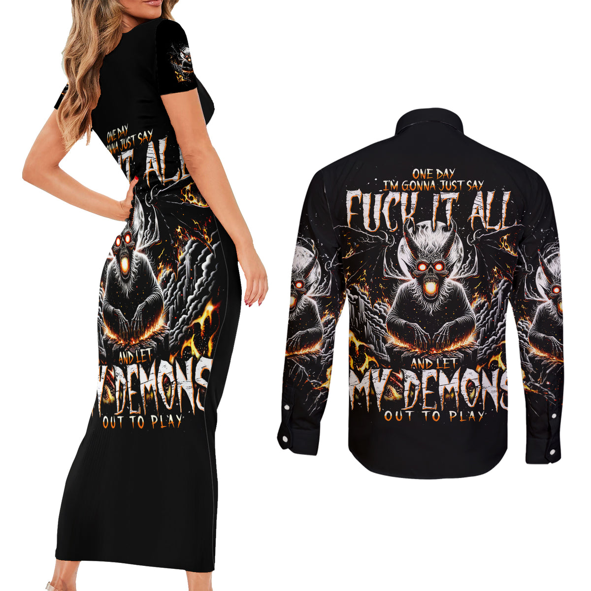 Demon Skull Couples Matching Short Sleeve Bodycon Dress and Long Sleeve Button Shirt One Day I Gonna Say Fuck It All - Wonder Print Shop