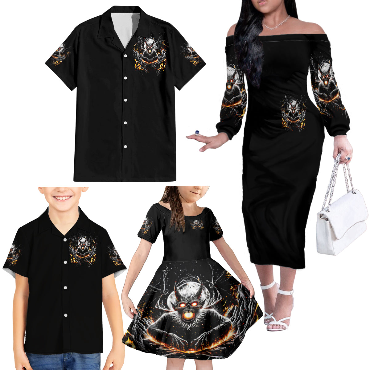 Demon Skull Family Matching Off Shoulder Long Sleeve Dress and Hawaiian Shirt One Day I Gonna Say Fuck It All - Wonder Print Shop