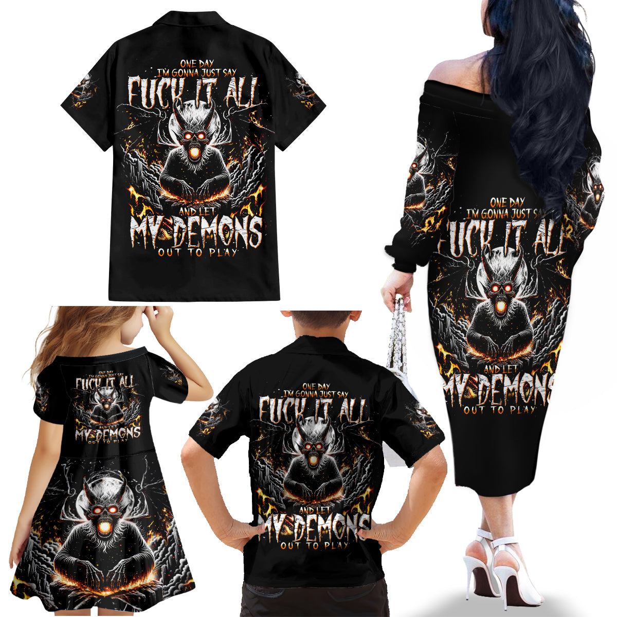 Demon Skull Family Matching Off Shoulder Long Sleeve Dress and Hawaiian Shirt One Day I Gonna Say Fuck It All - Wonder Print Shop