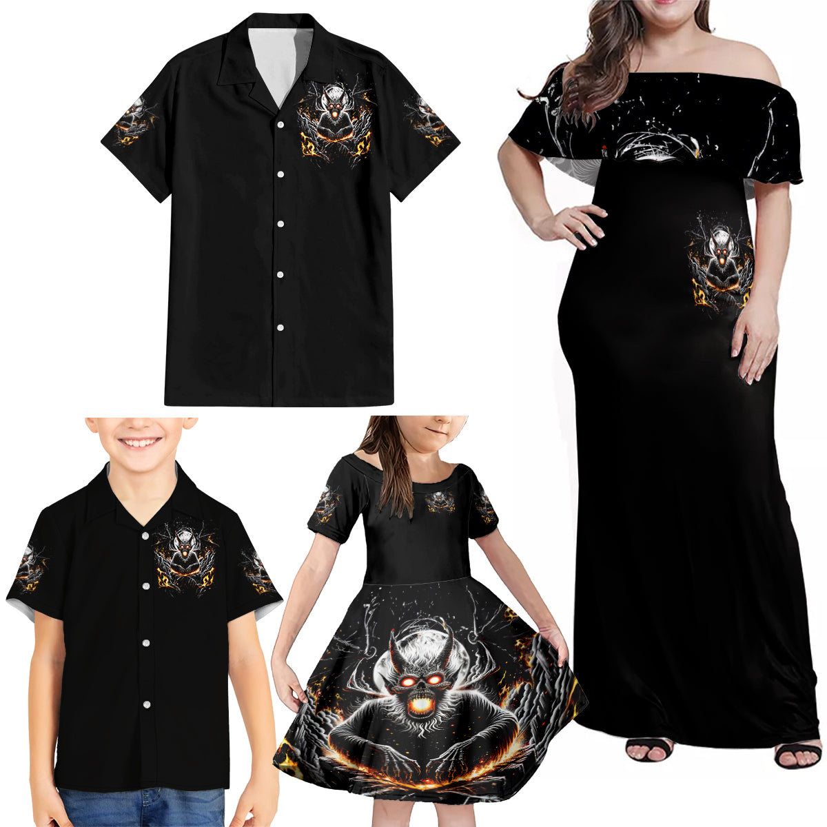 Demon Skull Family Matching Off Shoulder Maxi Dress and Hawaiian Shirt One Day I Gonna Say Fuck It All - Wonder Print Shop