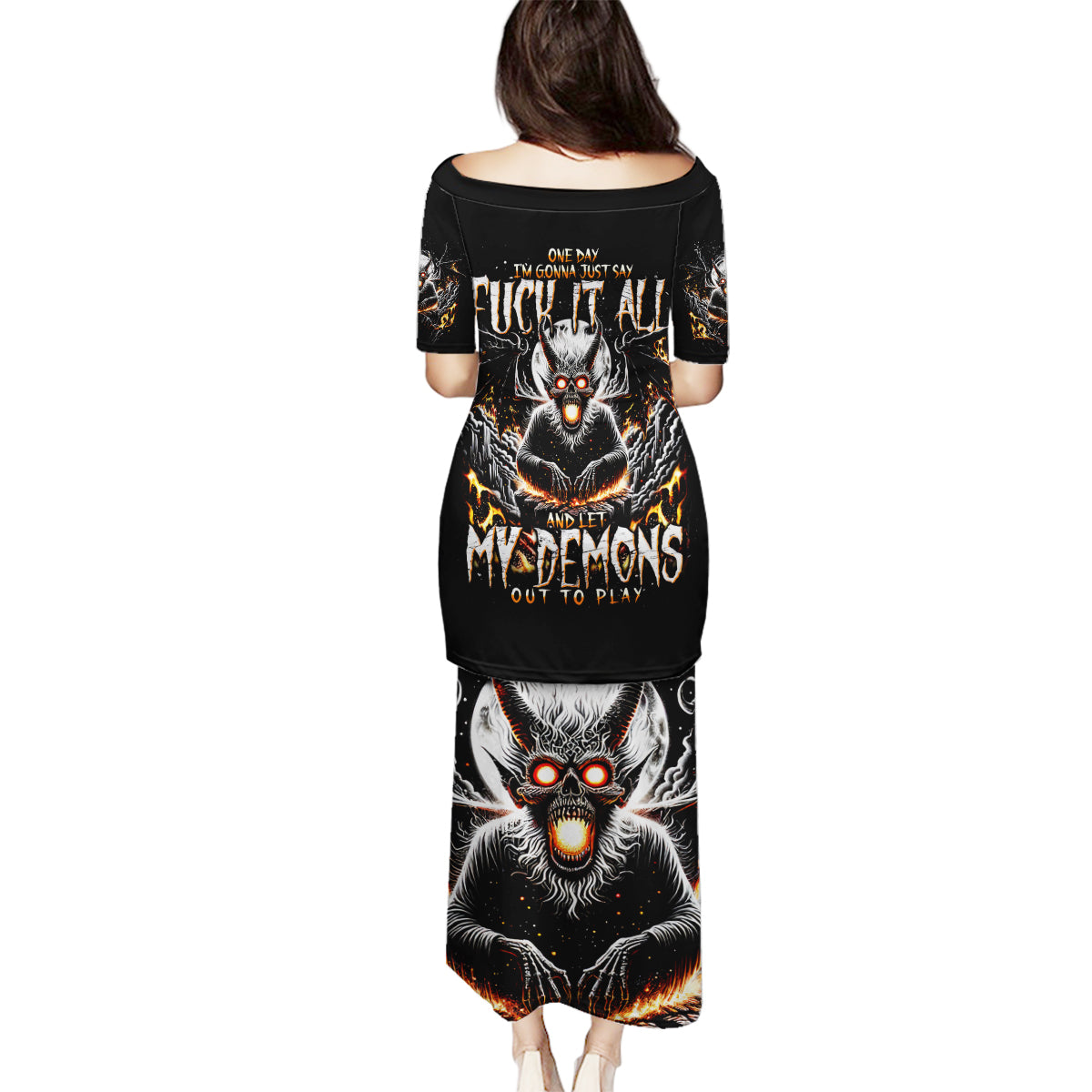 Demon Skull Family Matching Puletasi Dress and Hawaiian Shirt One Day I Gonna Say Fuck It All - Wonder Print Shop