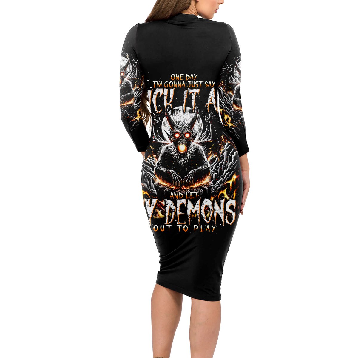 Demon Skull Long Sleeve Bodycon Dress One Day I Gonna Say Fuck It All - Wonder Print Shop