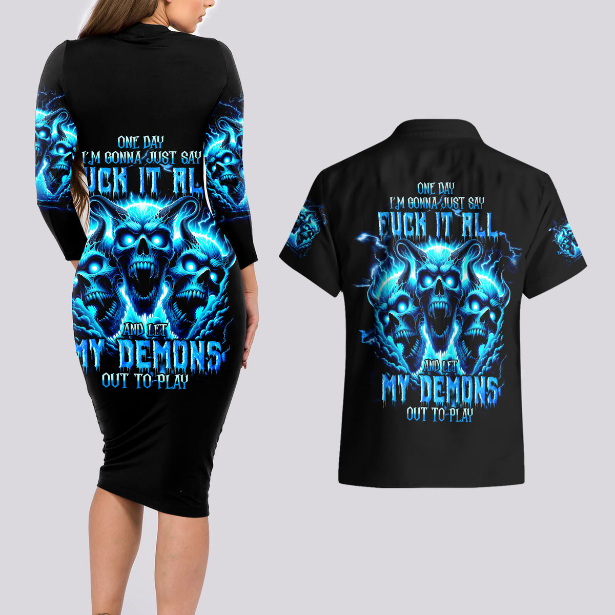 Demon Skull Couples Matching Long Sleeve Bodycon Dress and Hawaiian Shirt One Day I Gonna Say Fuck It All - Wonder Print Shop