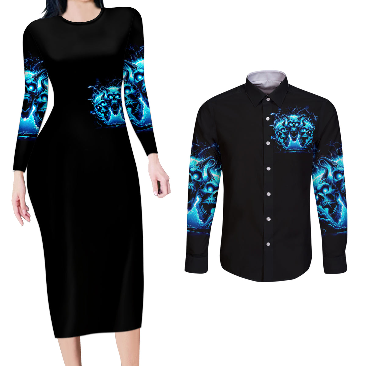 Demon Skull Couples Matching Long Sleeve Bodycon Dress and Long Sleeve Button Shirt One Day I Gonna Say Fuck It All - Wonder Print Shop