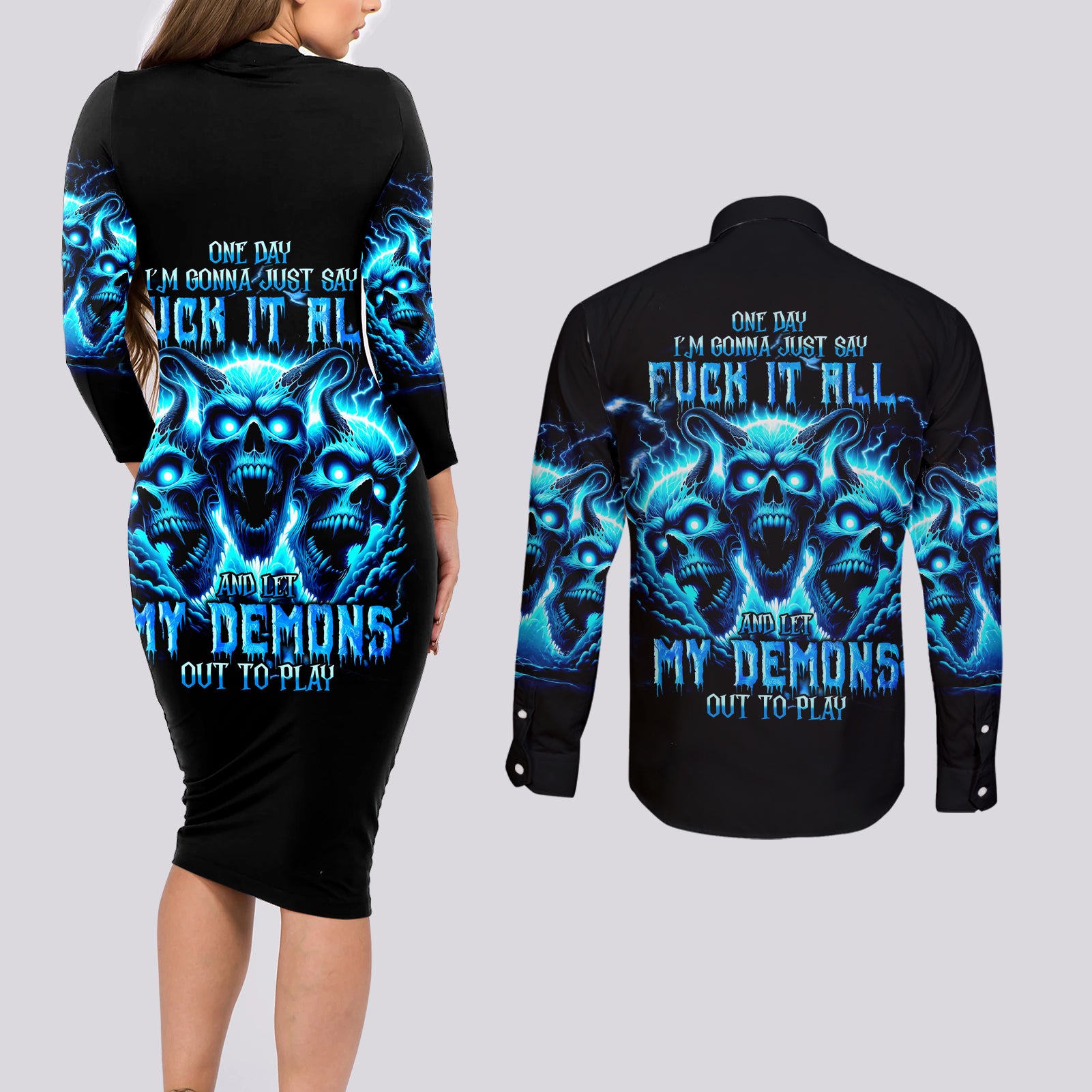 Demon Skull Couples Matching Long Sleeve Bodycon Dress and Long Sleeve Button Shirt One Day I Gonna Say Fuck It All - Wonder Print Shop