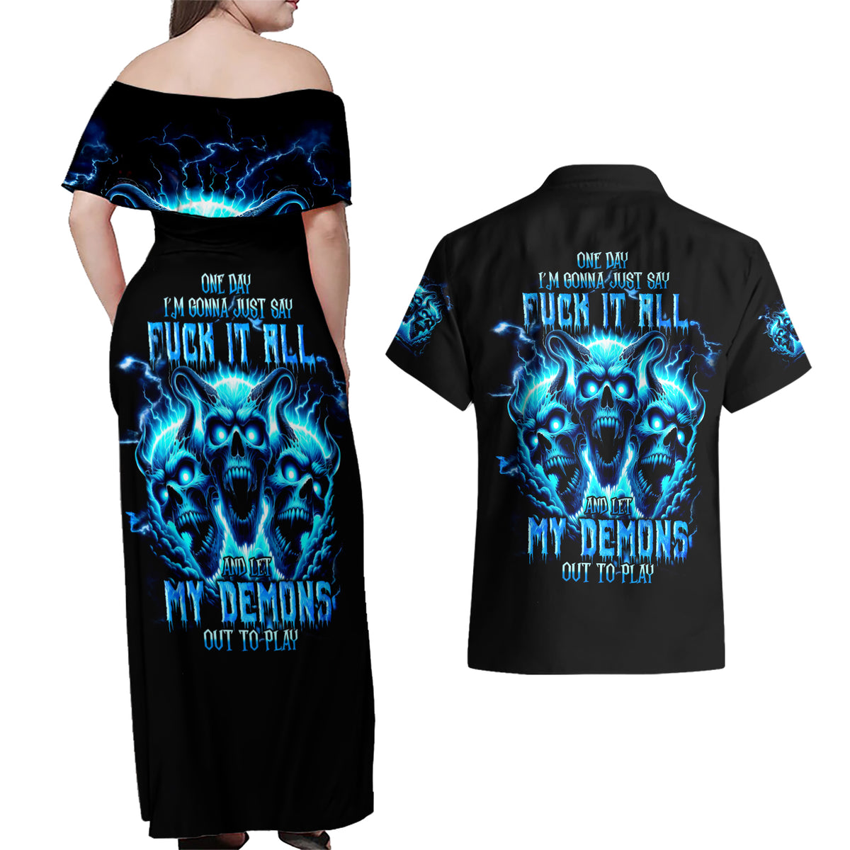 Demon Skull Couples Matching Off Shoulder Maxi Dress and Hawaiian Shirt One Day I Gonna Say Fuck It All - Wonder Print Shop