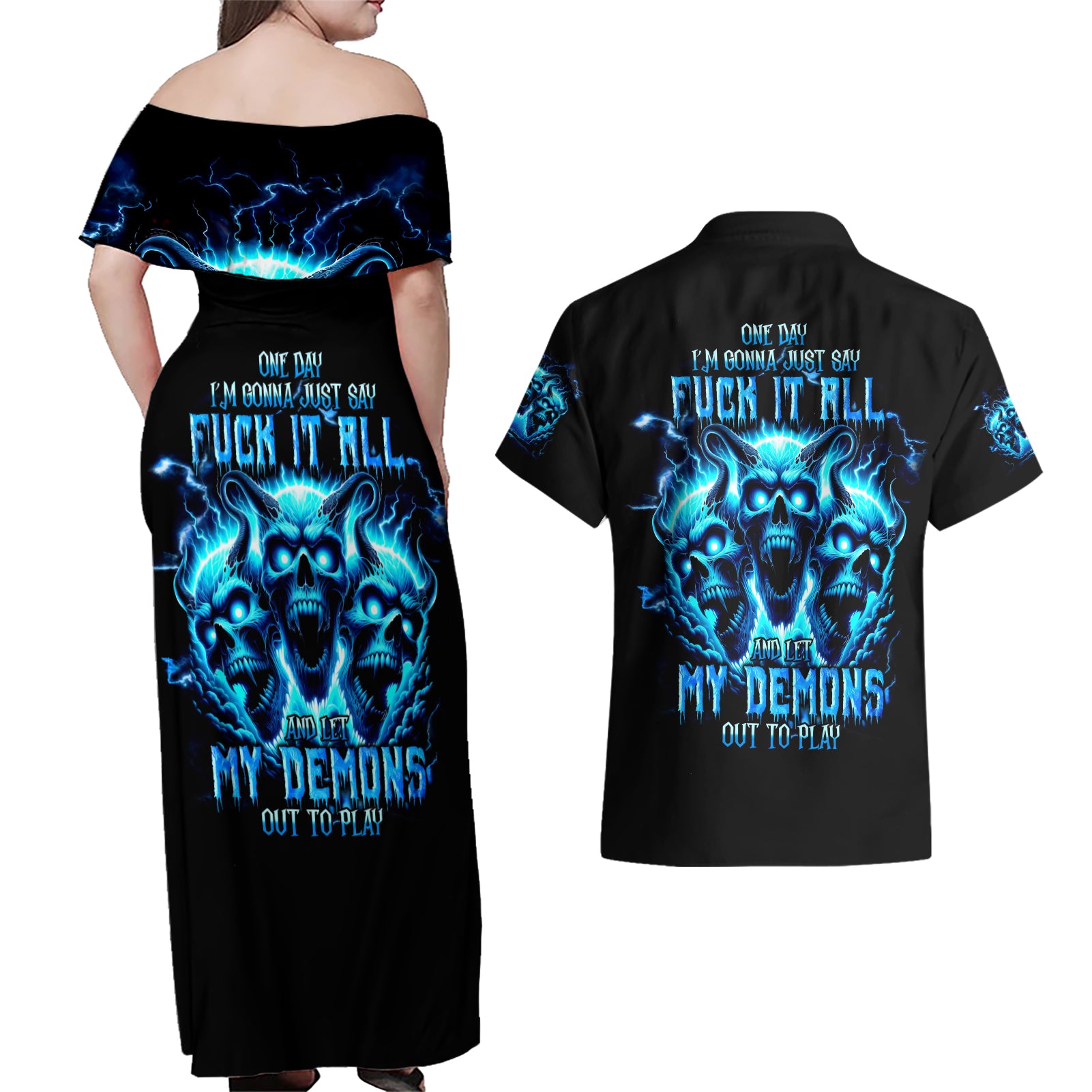 Demon Skull Couples Matching Off Shoulder Maxi Dress and Hawaiian Shirt One Day I Gonna Say Fuck It All - Wonder Print Shop