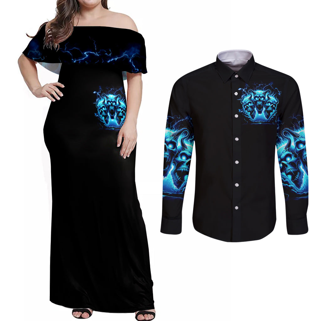 Demon Skull Couples Matching Off Shoulder Maxi Dress and Long Sleeve Button Shirt One Day I Gonna Say Fuck It All - Wonder Print Shop