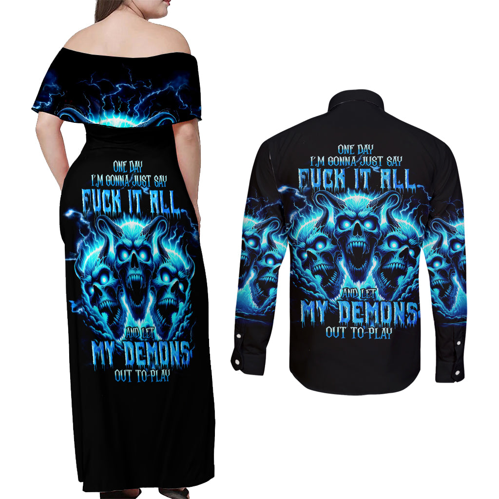 Demon Skull Couples Matching Off Shoulder Maxi Dress and Long Sleeve Button Shirt One Day I Gonna Say Fuck It All - Wonder Print Shop