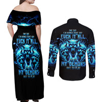Demon Skull Couples Matching Off Shoulder Maxi Dress and Long Sleeve Button Shirt One Day I Gonna Say Fuck It All - Wonder Print Shop