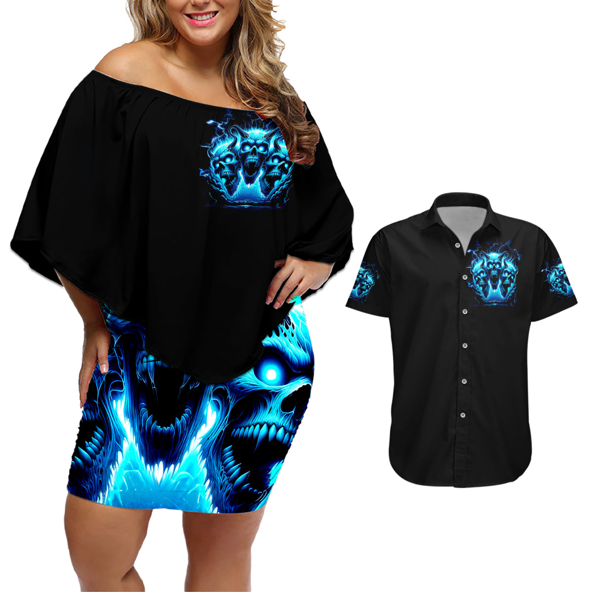Demon Skull Couples Matching Off Shoulder Short Dress and Hawaiian Shirt One Day I Gonna Say Fuck It All - Wonder Print Shop