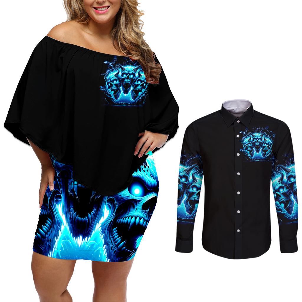 Demon Skull Couples Matching Off Shoulder Short Dress and Long Sleeve Button Shirt One Day I Gonna Say Fuck It All - Wonder Print Shop