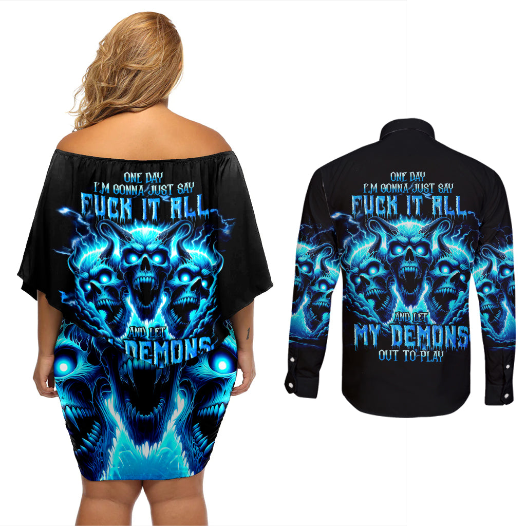 Demon Skull Couples Matching Off Shoulder Short Dress and Long Sleeve Button Shirt One Day I Gonna Say Fuck It All - Wonder Print Shop
