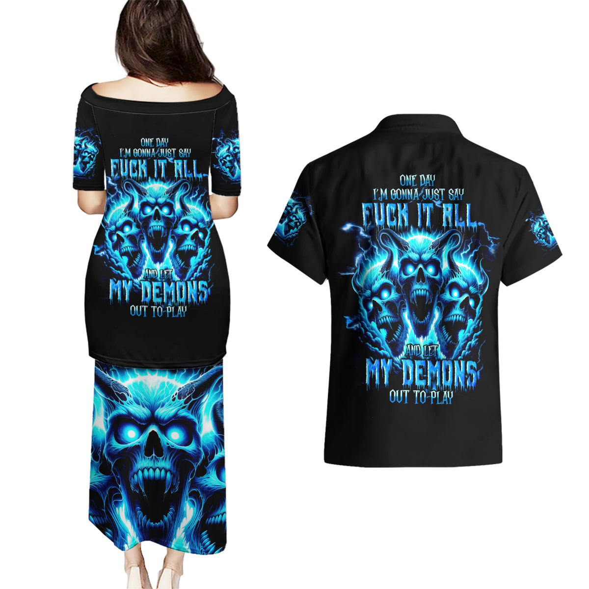 Demon Skull Couples Matching Puletasi Dress and Hawaiian Shirt One Day I Gonna Say Fuck It All - Wonder Print Shop