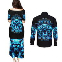 Demon Skull Couples Matching Puletasi Dress and Long Sleeve Button Shirt One Day I Gonna Say Fuck It All - Wonder Print Shop