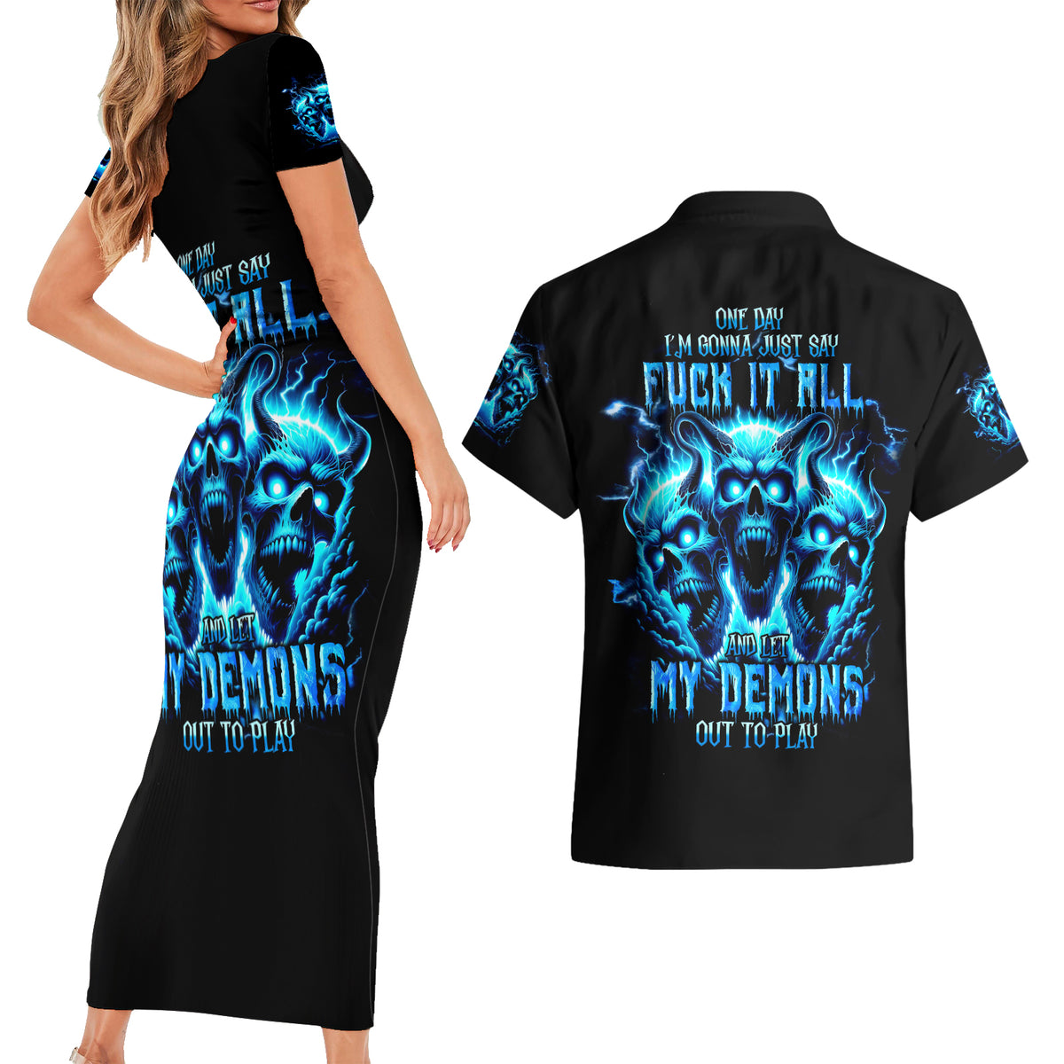 Demon Skull Couples Matching Short Sleeve Bodycon Dress and Hawaiian Shirt One Day I Gonna Say Fuck It All - Wonder Print Shop