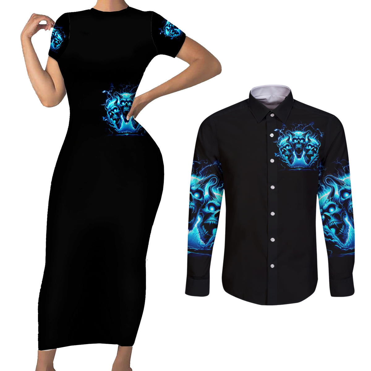 Demon Skull Couples Matching Short Sleeve Bodycon Dress and Long Sleeve Button Shirt One Day I Gonna Say Fuck It All - Wonder Print Shop
