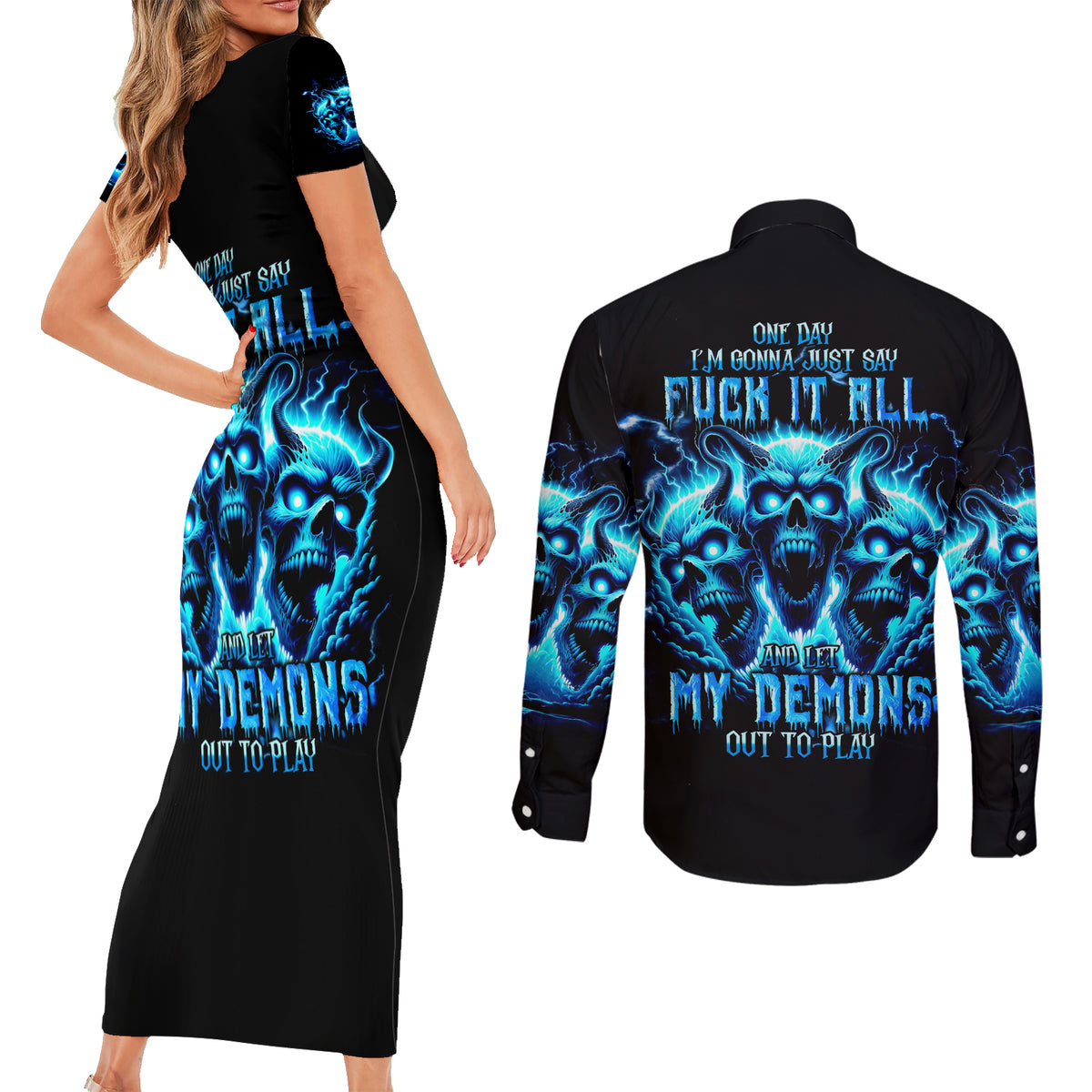 Demon Skull Couples Matching Short Sleeve Bodycon Dress and Long Sleeve Button Shirt One Day I Gonna Say Fuck It All - Wonder Print Shop